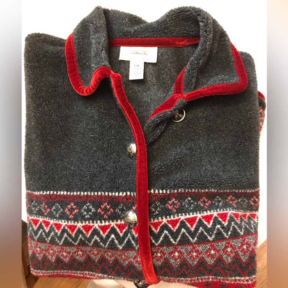 RARE Vintage Talbots Fair Isle Fleece w/Velvet Trim Grey Silver Buttons Cardigan